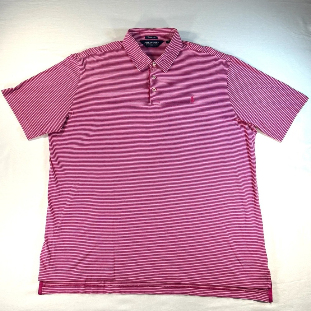 Polo Golf Ralph Lauren Pink White Striped Pima Cotton Polo Shirt Mens XL - Picture 2 of 8